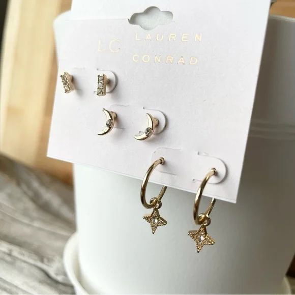 NWT LC LAUREN CONRAD Moon stud star hoop stud earrings, three pairs included - Picture 2 of 10